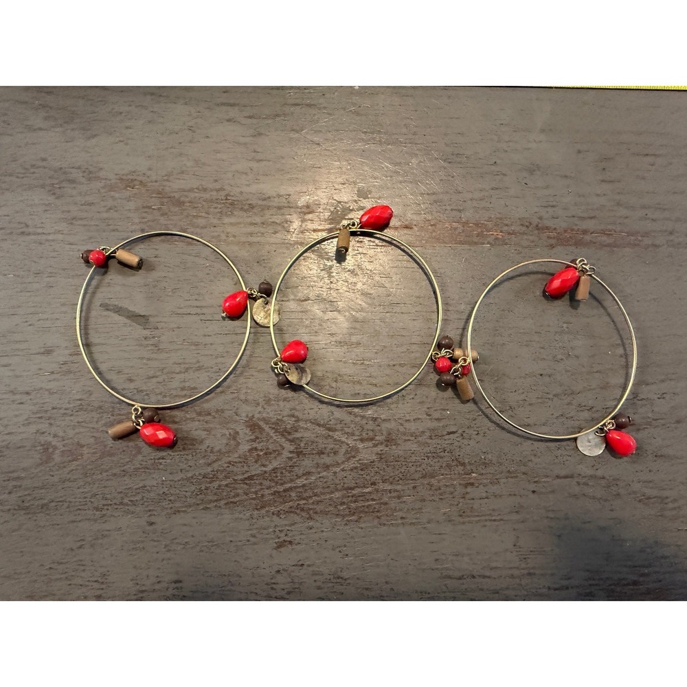 Vintage Gold Tone Bangle Bracelet Set Red Beads Wood Charms Boho 3 Piece Stack